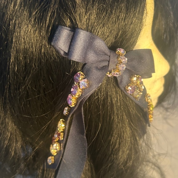 J. Crew Dark Navy Blue Embellished Bow Barrette (Never-Worn) - Picture 2 of 16